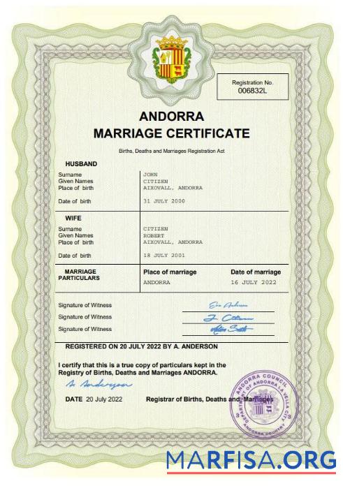 Downloadable Andorra marriage certificate Word and PDF template